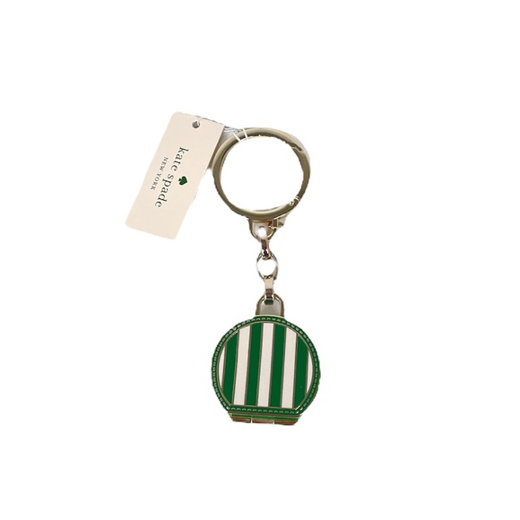 Kate Spade Traveler Stripes Key Chain Key Fob Green Gold - Picture 3 of 6